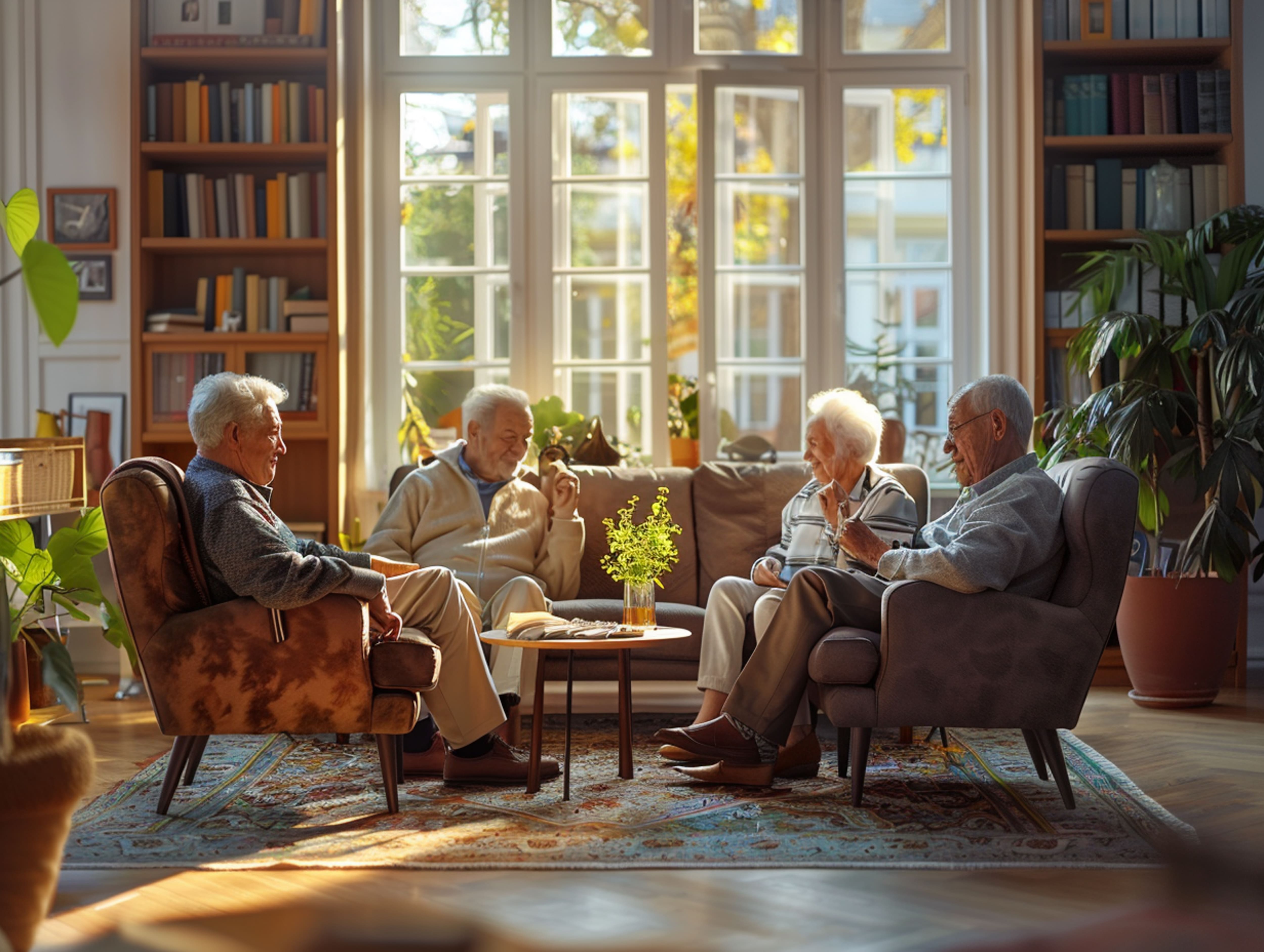 idosos reunids e uma sala de estar aconchegante
